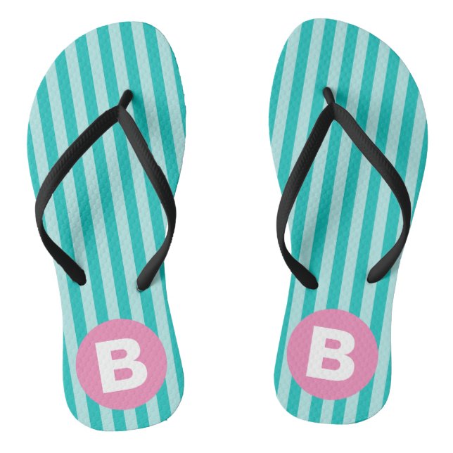 Teal Blue Vertical Striped Pink Circle Monogram Flip Flops (Fußbett)