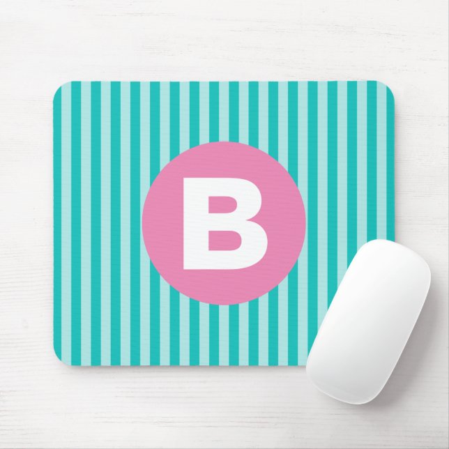 Teal Blue Vertical Striped Pink Circle Monogram Mousepad (Mit Mouse)