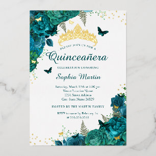 Teal-Blumen-Schmetterling-elegante Quinceanera Folieneinladung