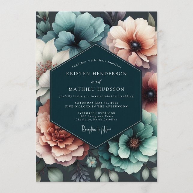 Teal-Blush-Chiaroscuro-Hochzeit Einladung (Vorderseite)