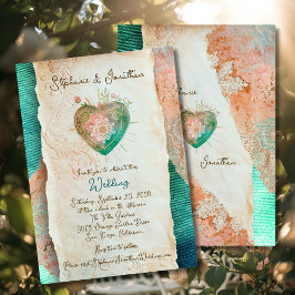 Teal Blush Lace Heart Baroque Romance Wedding Einladung