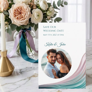 Teal & Blush Seiden-Hochzeitsspeicherkarte mit Fot Save The Date