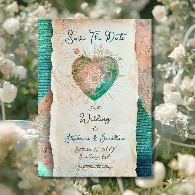 Teal Blush Spitzen Herz Barock Save the Date (Von Creator hochgeladen)