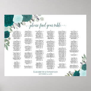 Teal Boho Rosen Alphabetische Hochzeit Sitzordnung Poster