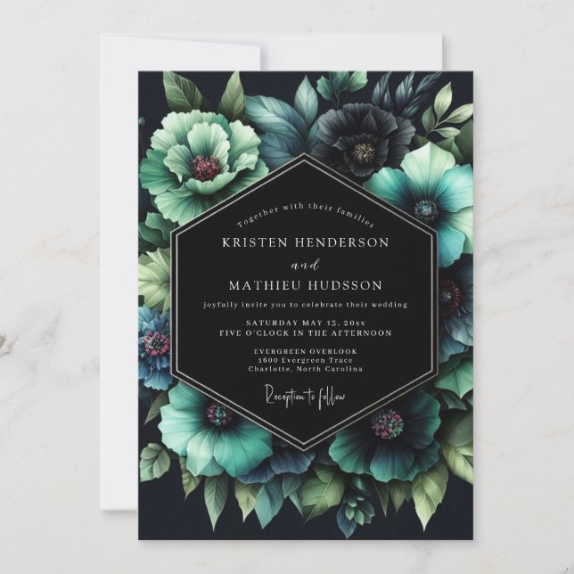 Teal Botanical Nocturne Wedding Einladung (Vorderseite)
