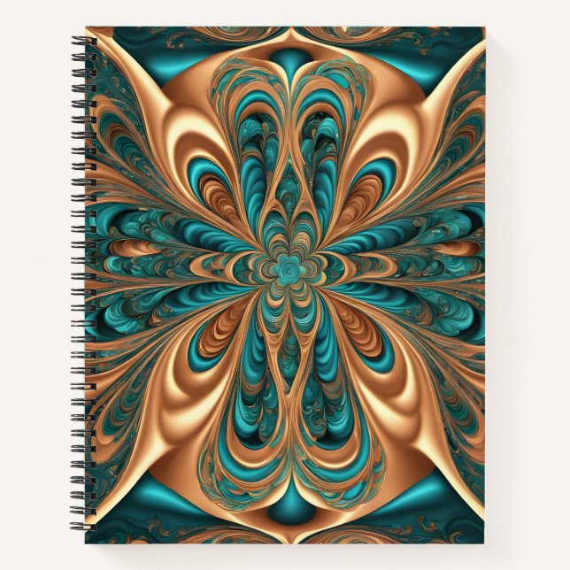 Teal & Bronze Luxe Bloom | Abstrakte fraktale Spir Notizbuch (Vorderseite)