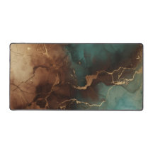 Teal Brown Gold Abstract Marble Desk Mat