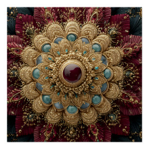 Teal-Burgunder-Gold-Juwel-Mandala-Ornament Poster