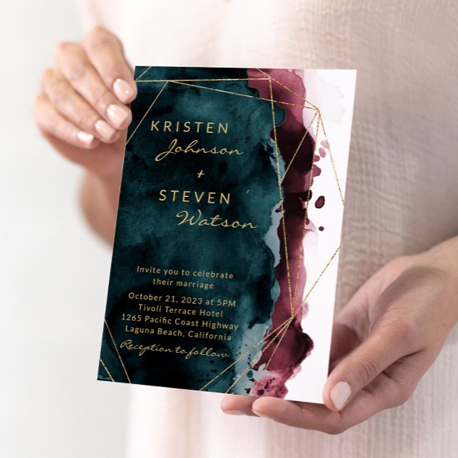 Teal & Burgundy Watercolor Wedding Invitation Einladung (Von Creator hochgeladen)