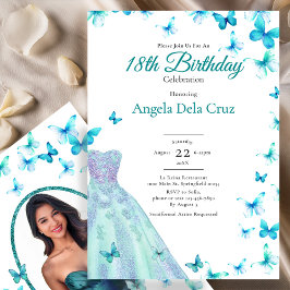 Teal Butterflies And Dress 18th Birthday Debut Einladung