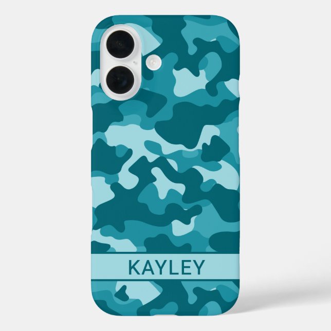Teal Camouflage Personalized iPhone 16 Hülle (Rückseite)