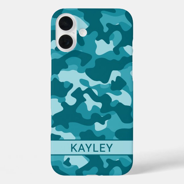 Teal Camouflage Personalized iPhone 16 Plus Hülle (Rückseite)