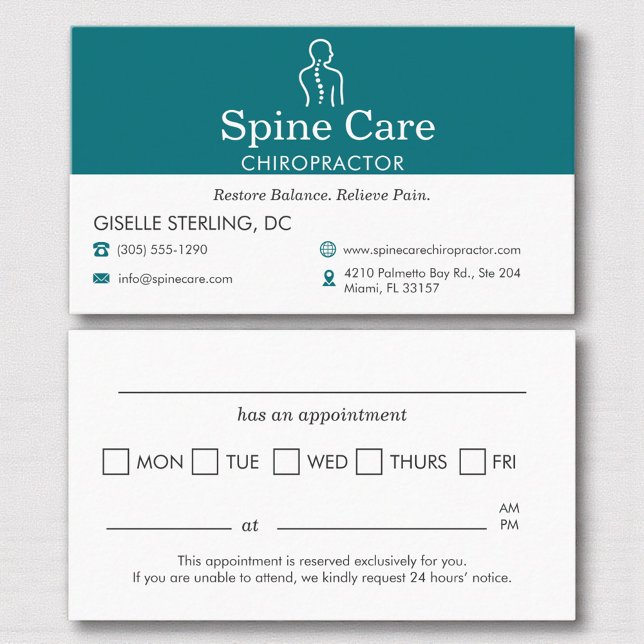 Teal Chiropractor Appointment Reminder Card Terminkarte (Von Creator hochgeladen)