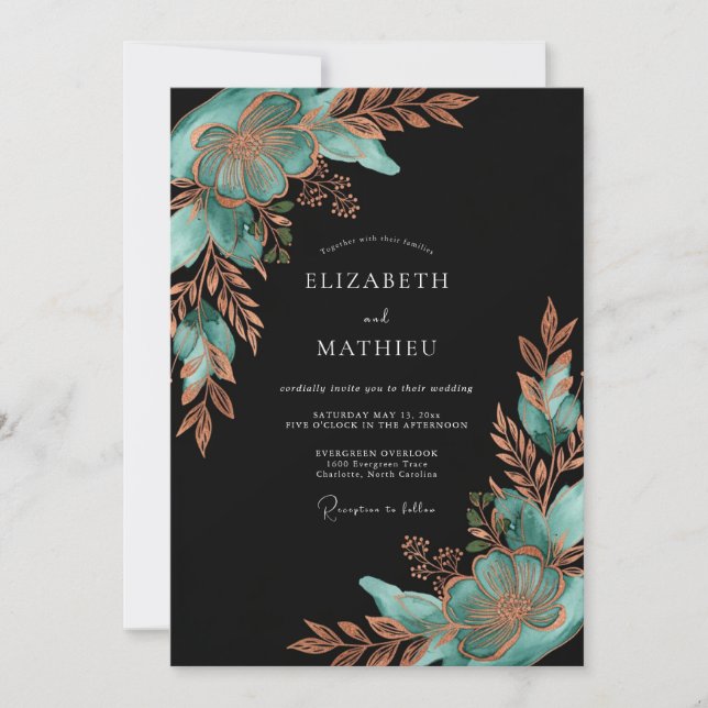 Teal Copper Botanical Bloom Wedding Einladung (Vorderseite)