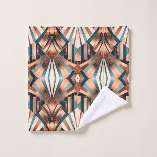 Teal Copper Geometric Skyscraper Neo Art Deco Badhandtuch Set (Waschlappen)