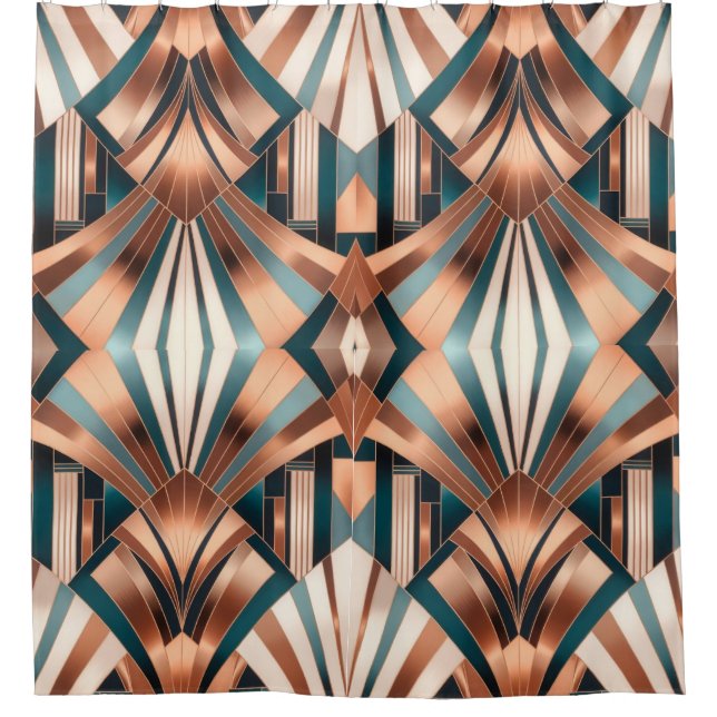 Teal Copper Geometric Skyscraper Neo Art Deco Duschvorhang (Vorderseite)