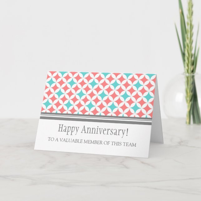 Teal Coral Circles Employee Anniversary Card Karte (Vorderseite)