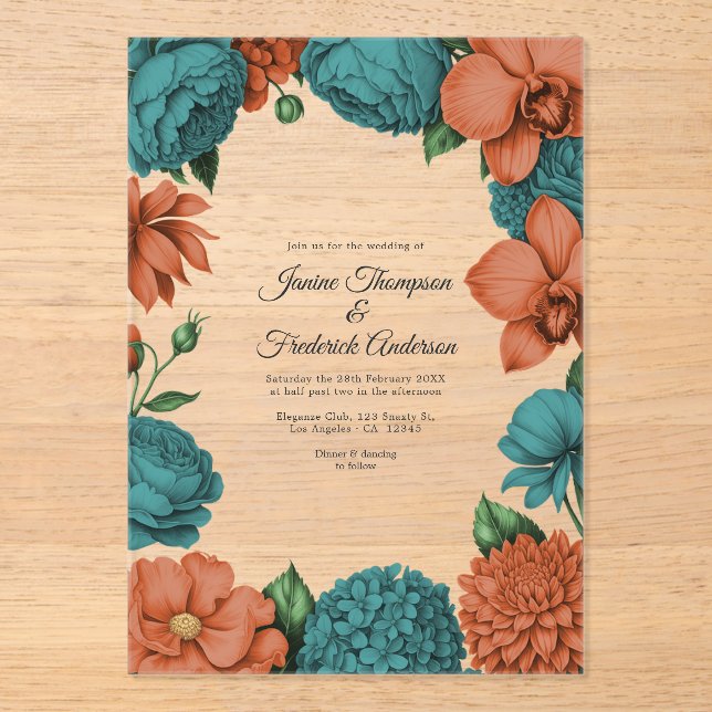 Teal & Coral Modern Botanical Wedding Acryleinladungen (Vorderseite)