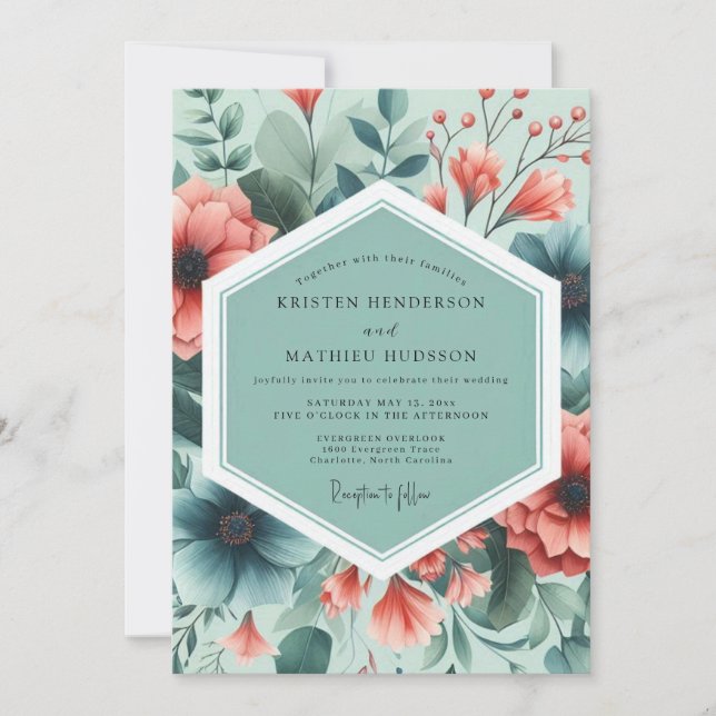 Teal Coral Painterly Flora Wedding Einladung (Vorderseite)