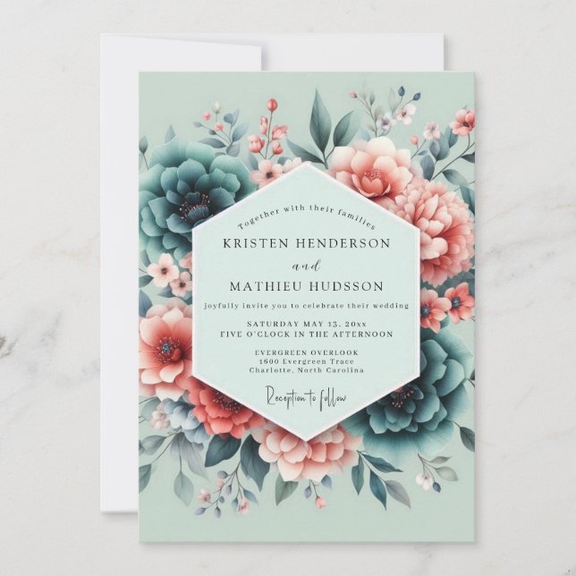 Teal Coral Painterly Wedding Einladung (Vorderseite)