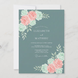 Teal Coral Rose Botanische Hochzeit Einladung