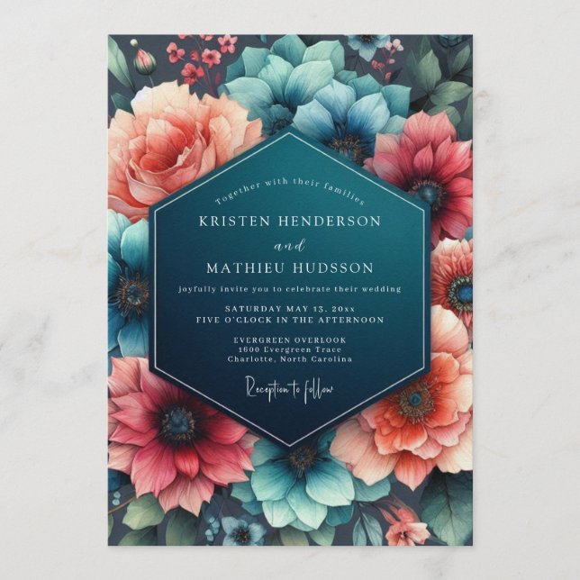 Teal Coral Wedding Einladung (Vorderseite)