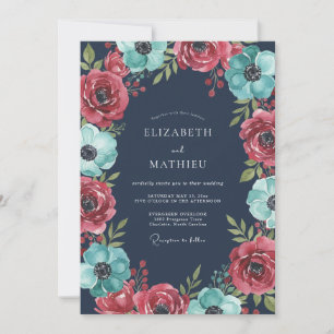 Teal Crimson Anemone Hochzeit Einladung