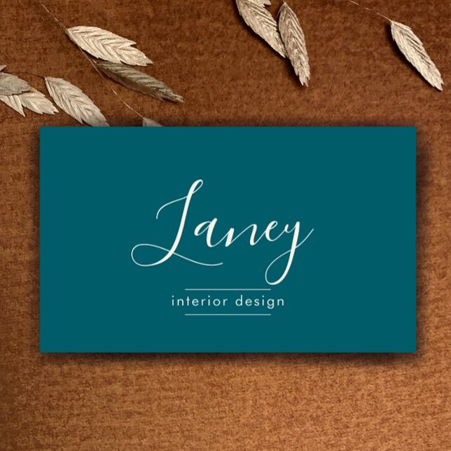 Teal Custom QR Code Interior Design Professional Visitenkarte (Custom elegant script teal and cream simple interior design professional business card template.
)