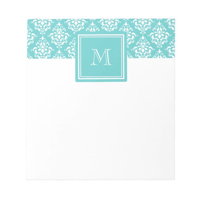 Teal Damast Muster 1 mit Monogramm Notizblock (Vorderseite)