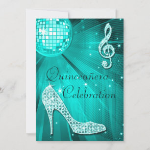Teal Disco Ball und funkelnde High Heels Quinceañe Einladung