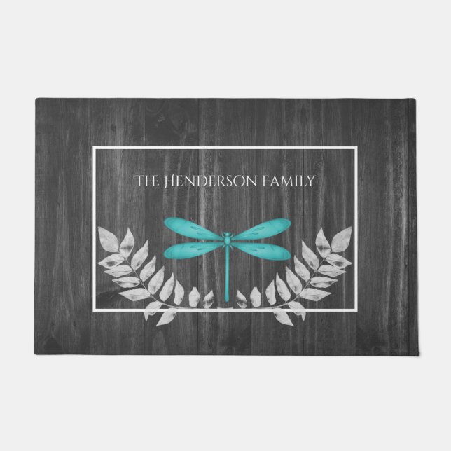 Teal Dragonfly Rustic Personalized Doormat Fußmatte (Vorderseite)