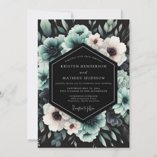 Teal Dramatic Anemone Wedding Einladung (Vorderseite)