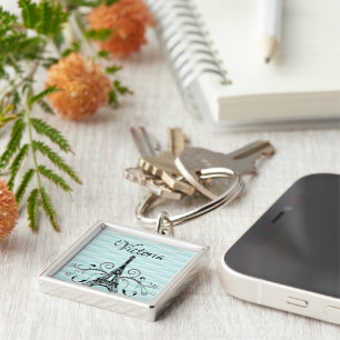 Teal Eiffel Tower Flourish Square Keychain Schlüsselanhänger