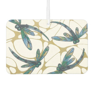 Teal & Emerald Dragonflies on Retro Yellow Groove Autolufterfrischer