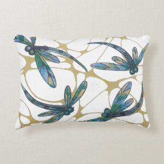 Teal & Emerald Dragonflies on Retro Yellow Groove Dekokissen