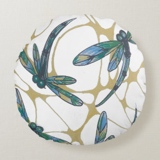 Teal & Emerald Dragonflies on Retro Yellow Groove Rundes Kissen