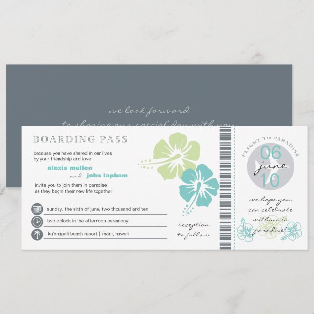 Teal et mariage de carte d'embarquement de fleur (Devant / Derrière)