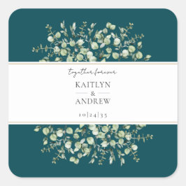 Teal Eucalyptus Together Forever Wedding Quadratischer Aufkleber