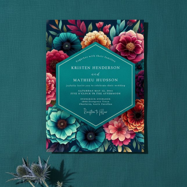 Teal Floral Autumn Wedding Einladung (Von Creator hochgeladen)