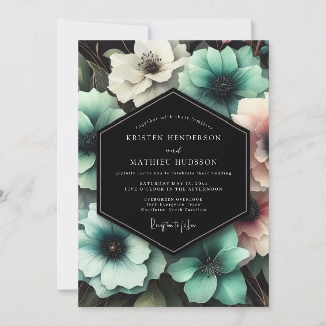 Teal Floral Enchantment Wedding Einladung (Vorderseite)