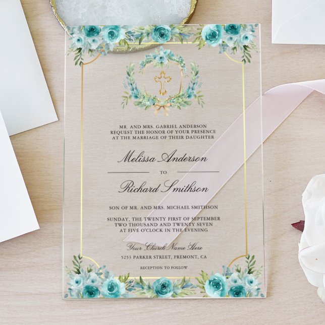 Teal Floral Gold Catholic Cross Wedding Acryleinladungen (Von Creator hochgeladen)
