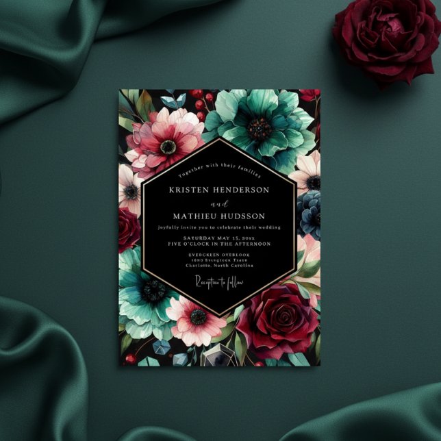 Teal Floral Opulent Wedding Einladung (Von Creator hochgeladen)