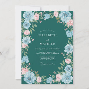 Teal Florale Bogenblüten Hochzeit Einladung