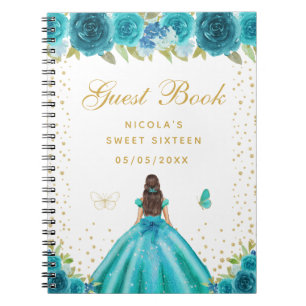Teal Florale Braunhaarige Prinzessin Sweet Sixteen Notizblock