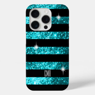 Teal Glitter & Black Stripes DIY Monogram Case-Mate iPhone Hülle