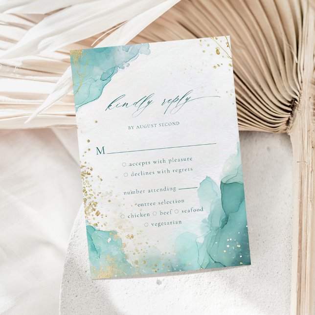 Teal Gold Abstract Beach Wedding Meal Options RSVP Karte (Von Creator hochgeladen)