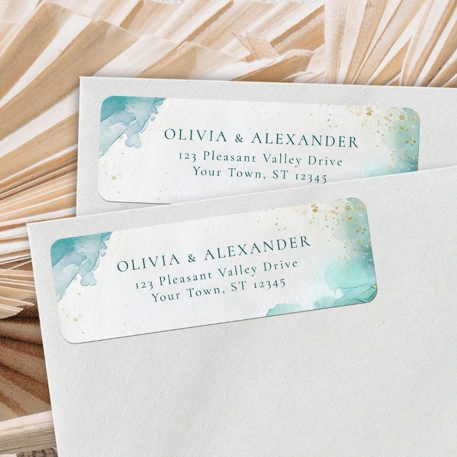 Teal Gold Abstract Beach Wedding Return Address (Von Creator hochgeladen)