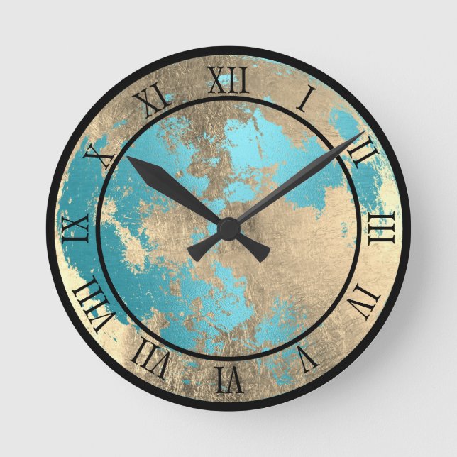 Teal & Gold Aesthetic Moon Lunar Runde Wanduhr (Vorderseite)