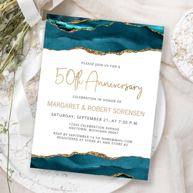 Teal Gold Agate 50th Anniversary Invitation Postkarte (Von Creator hochgeladen)