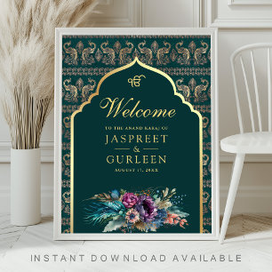 Teal Gold Anand Karaj Hochzeits-Willkommensschild Poster
